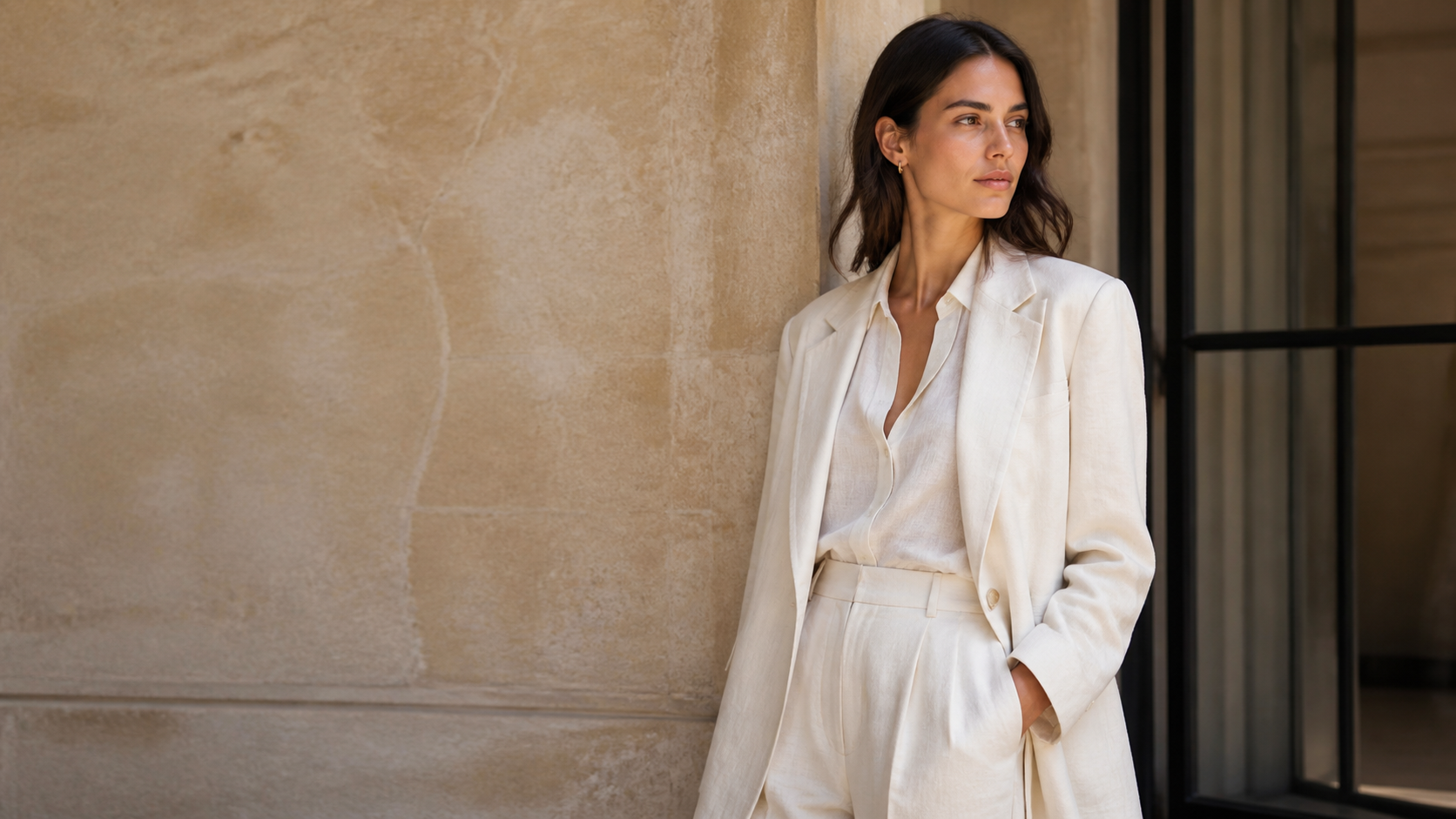 Model wearing ivory tailoring for a premium fashion campaign